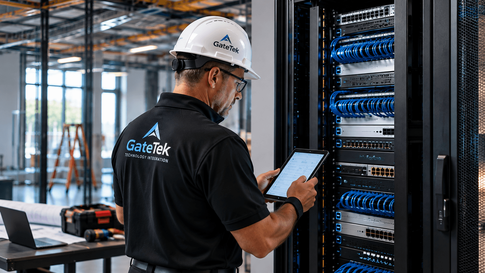 GateTek technology professional reviewing commercial network infrastructure